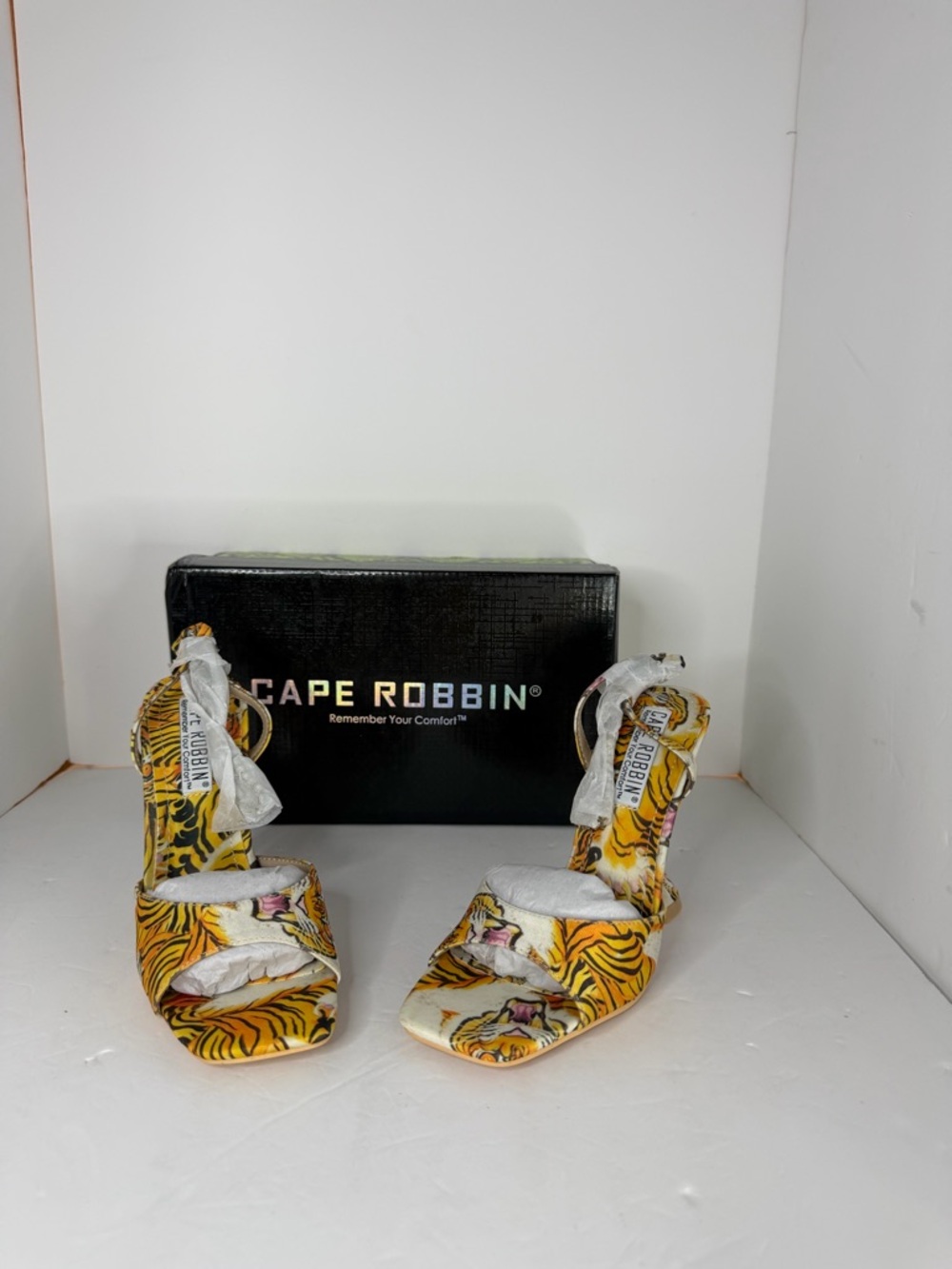 Cape Robbin Yellow Tiger-Print Open-Toe Heels with Orange Accent - Picture 8 of 9